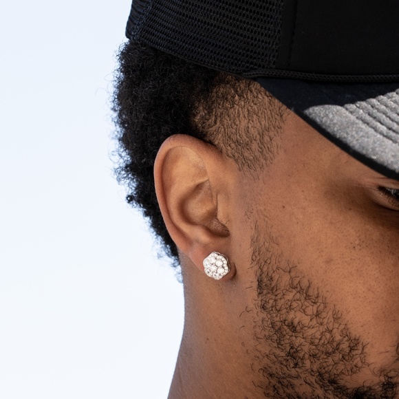 Men's Large 925 Sterling Silver Flower Cluster Hip Hop Screw Back Stud Earrings - Picture 5 of 5